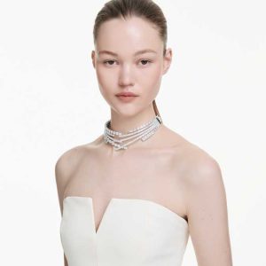 Matrix choker Mixed cuts, White, Rhodium plated