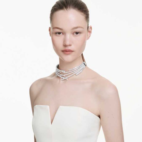 Matrix choker Mixed cuts, White, Rhodium plated