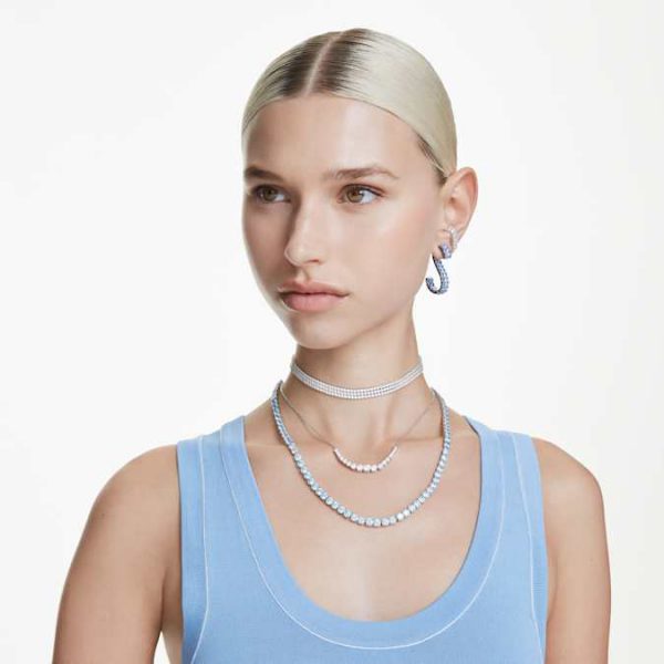 Matrix drop earrings Baguette cut, Blue, Ruthenium plated - Image 6