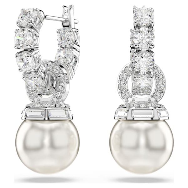 Matrix drop earrings Crystal pearl, Round cut, White, Rhodium plated - Image 2