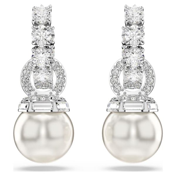 Matrix drop earrings Crystal pearl, Round cut, White, Rhodium plated - Image 3