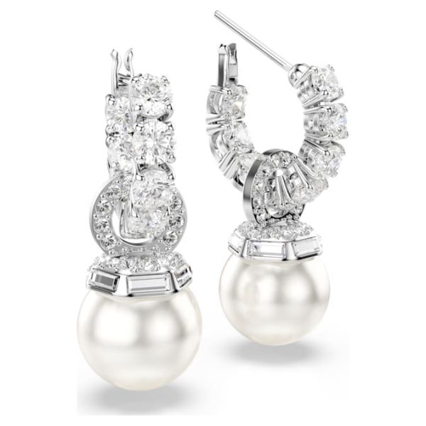 Matrix drop earrings Crystal pearl, Round cut, White, Rhodium plated - Image 4