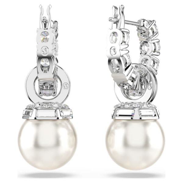 Matrix drop earrings Crystal pearl, Round cut, White, Rhodium plated - Image 5