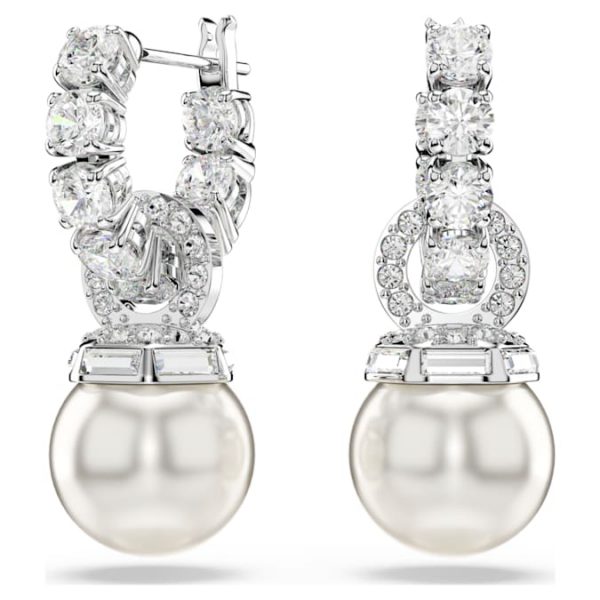 Matrix drop earrings Crystal pearl, Round cut, White, Rhodium plated - Image 6