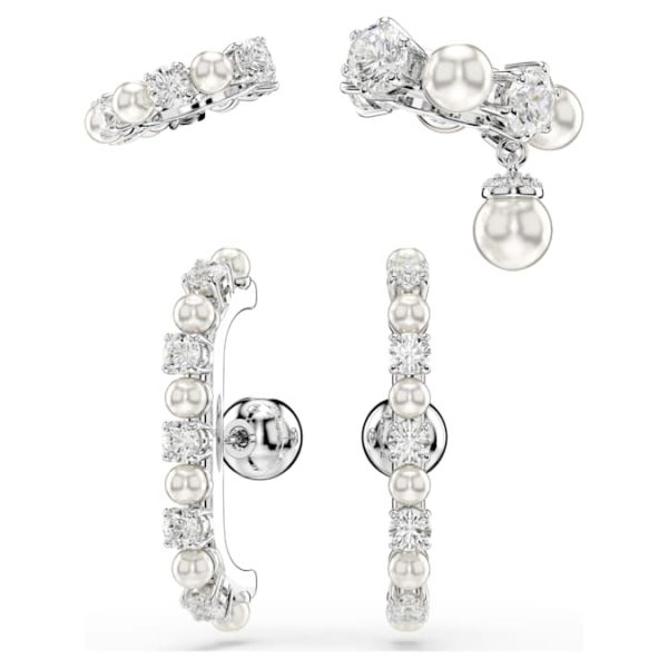 Matrix ear cuff Set (3), Crystal pearl, Round cut, White, Rhodium plated - Image 2