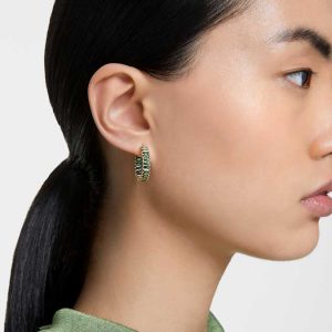 Matrix hoop earrings Baguette cut, Green, Gold-tone plated