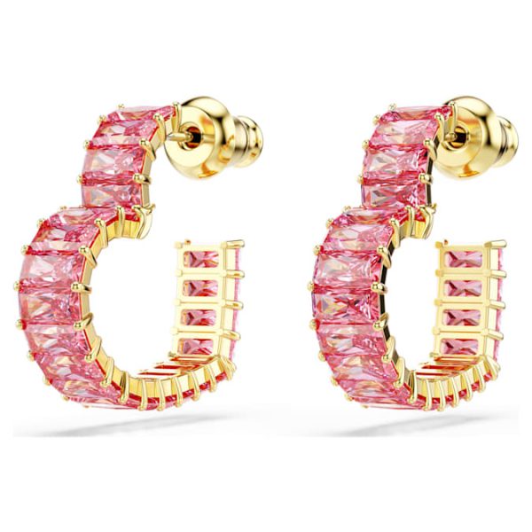 Matrix hoop earrings Baguette cut, Heart, Small, Pink, Gold-tone plated - Image 4