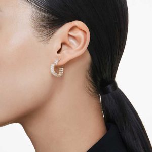Matrix hoop earrings Baguette cut, Heart, Small, White, Gold-tone plated