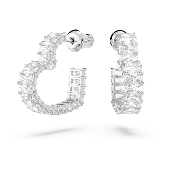 Matrix hoop earrings Baguette cut, Heart, Small, White, Rhodium plated - Image 2