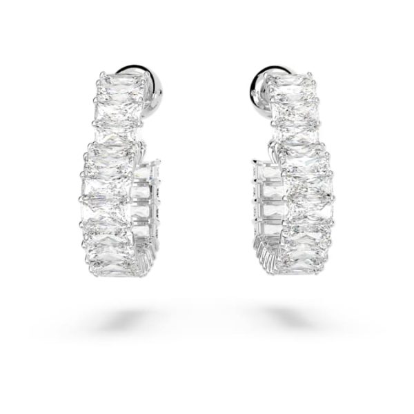 Matrix hoop earrings Baguette cut, Heart, Small, White, Rhodium plated - Image 3
