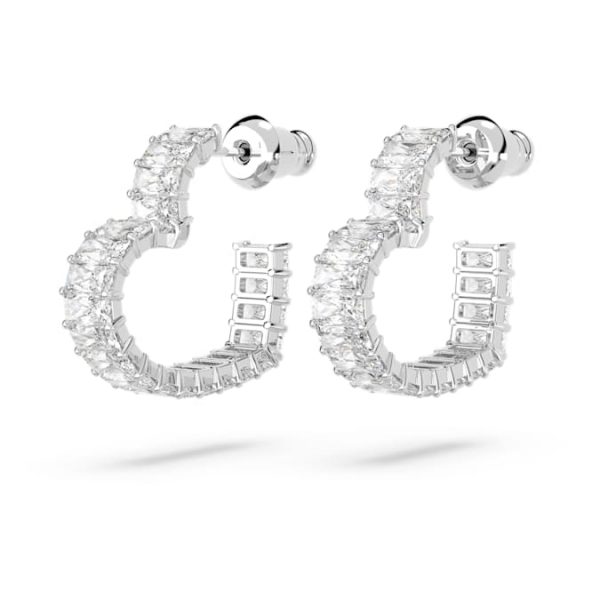 Matrix hoop earrings Baguette cut, Heart, Small, White, Rhodium plated - Image 4
