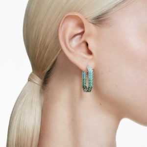 Matrix hoop earrings Baguette cut, Octagon shape, Color gradient, Green, Rhodium plated