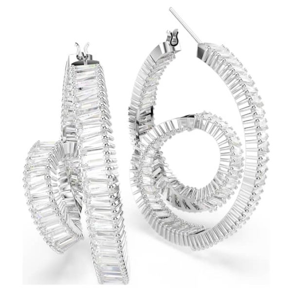 Matrix hoop earrings Baguette cut, Ribbon, White, Rhodium plated - Image 4