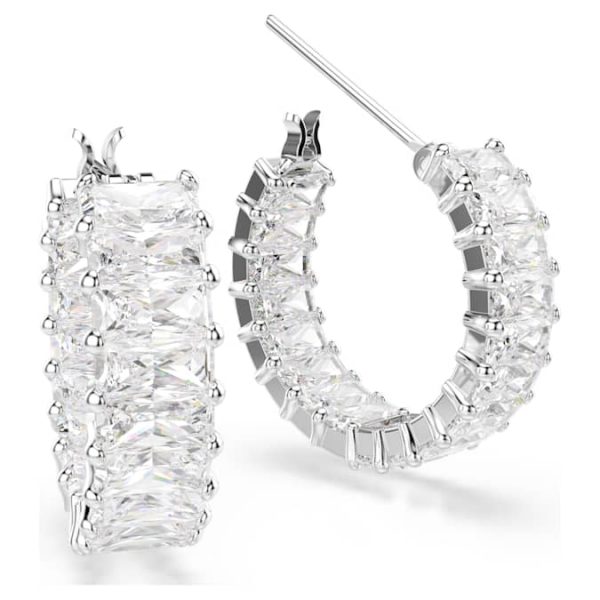 Matrix hoop earrings Baguette cut, White, Rhodium plated - Image 3