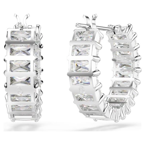 Matrix hoop earrings Baguette cut, White, Rhodium plated - Image 4