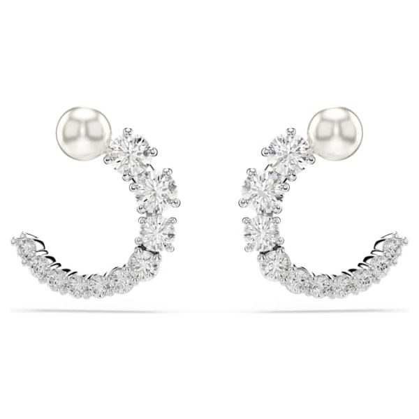 Matrix hoop earrings Crystal pearl, Round cut, White, Rhodium plated - Image 2