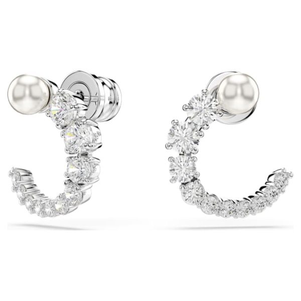 Matrix hoop earrings Crystal pearl, Round cut, White, Rhodium plated - Image 3