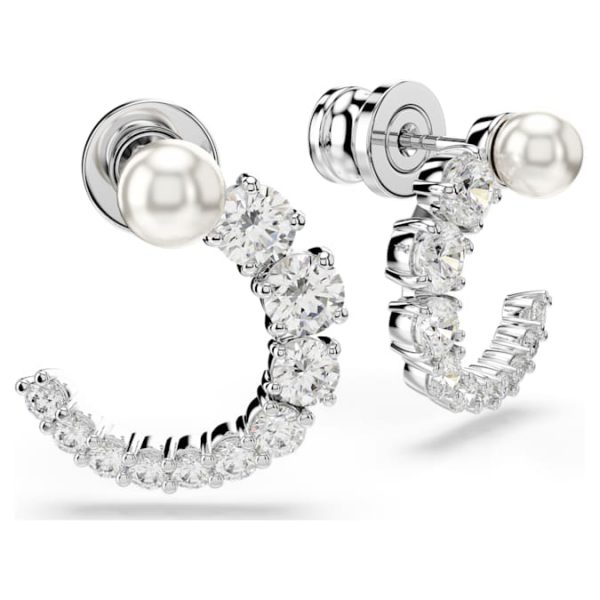 Matrix hoop earrings Crystal pearl, Round cut, White, Rhodium plated - Image 4