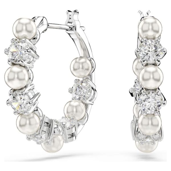 Matrix hoop earrings Crystal pearl, Round cut, White, Rhodium plated - Image 2