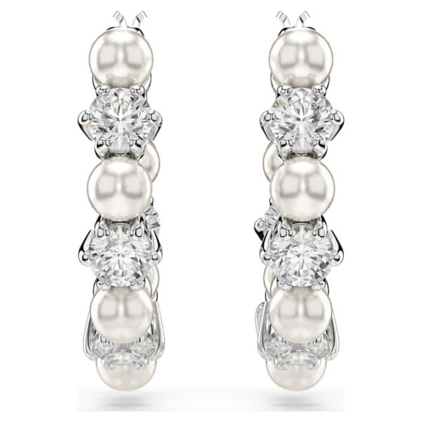 Matrix hoop earrings Crystal pearl, Round cut, White, Rhodium plated - Image 3