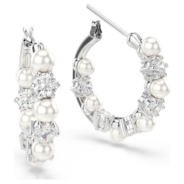 Matrix hoop earrings Crystal pearl, Round cut, White, Rhodium plated - Image 4