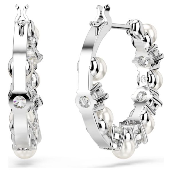 Matrix hoop earrings Crystal pearl, Round cut, White, Rhodium plated - Image 5