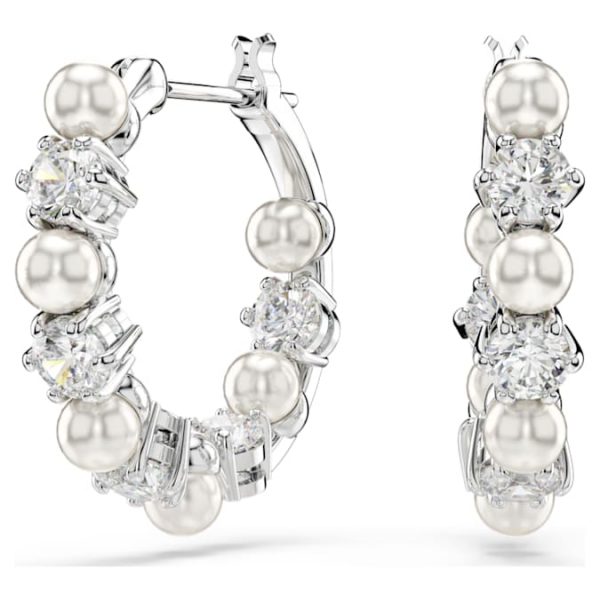 Matrix hoop earrings Crystal pearl, Round cut, White, Rhodium plated - Image 7