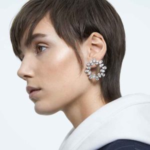 Matrix hoop earrings Pear cut, White, Rhodium plated