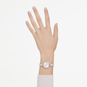 Matrix pearl bangle bangle watch Swiss Made, Crystal bracelet, White, Rose gold-tone finish