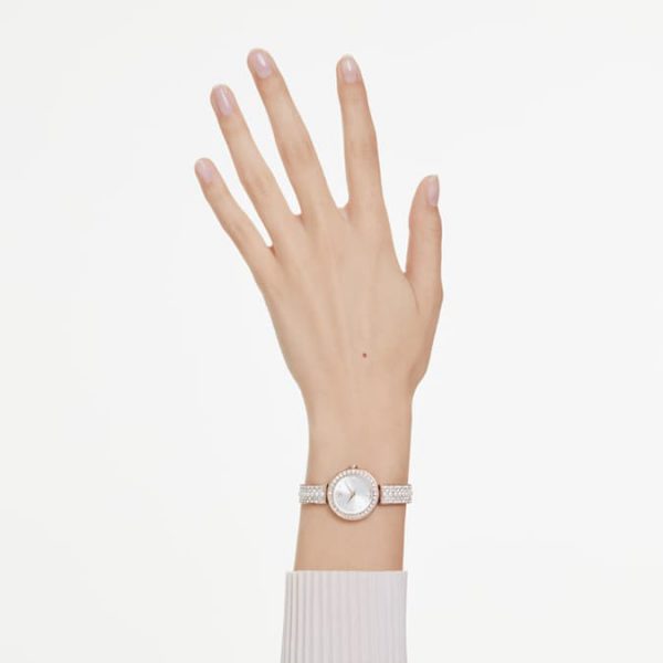 Matrix pearl bangle bangle watch Swiss Made, Crystal bracelet, White, Rose gold-tone finish