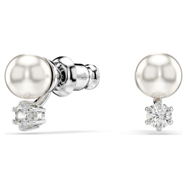 Matrix stud earrings Crystal pearl, Round cut, White, Rhodium plated - Image 3