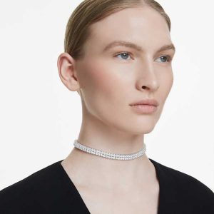 Matrix Tennis choker Round cut, White, Rhodium plated
