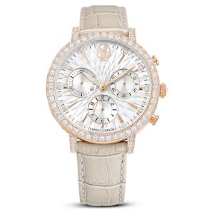Matrix tennis chrono watch Swiss Made, Leather strap, Beige, Rose gold-tone finish