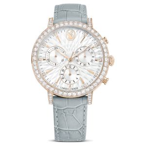 Matrix tennis chrono watch Swiss Made, Leather strap, Gray, Champagne gold-tone finish