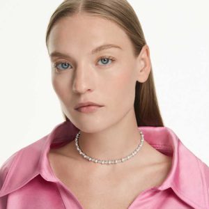 Matrix Tennis necklace Crystal pearl, Round cut, White, Rhodium plated
