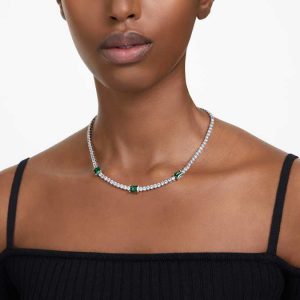 Matrix Tennis necklace Mixed cuts, Green, Rhodium plated