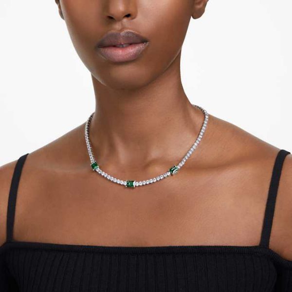 Matrix Tennis necklace Mixed cuts, Green, Rhodium plated