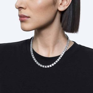 Matrix Tennis necklace Square cut, White, Rhodium plated