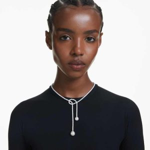 Matrix Y necklace Crystal pearl, Round cut, White, Rhodium plated