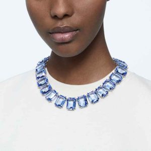 Millenia necklace Oversized crystals, Octagon cut, Blue, Rhodium plated