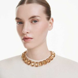 Millenia necklace Oversized crystals, Octagon cut, Caramel, Gold-tone plated