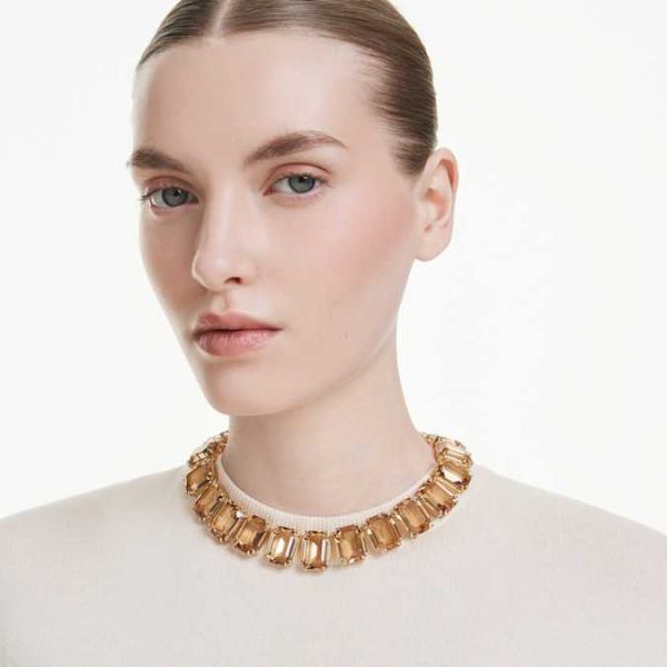 Millenia necklace Oversized crystals, Octagon cut, Caramel, Gold-tone plated