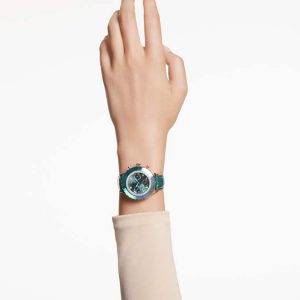 Octea chrono watch Swiss Made, Leather strap, Green, Rose gold-tone finish