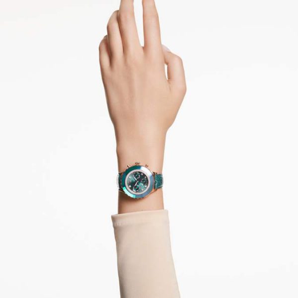 Octea chrono watch Swiss Made, Leather strap, Green, Rose gold-tone finish