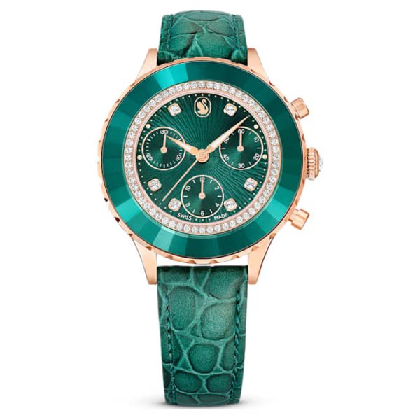 Octea chrono watch Swiss Made, Leather strap, Green, Rose gold-tone finish - Image 2