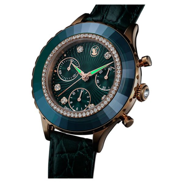 Octea chrono watch Swiss Made, Leather strap, Green, Rose gold-tone finish - Image 3