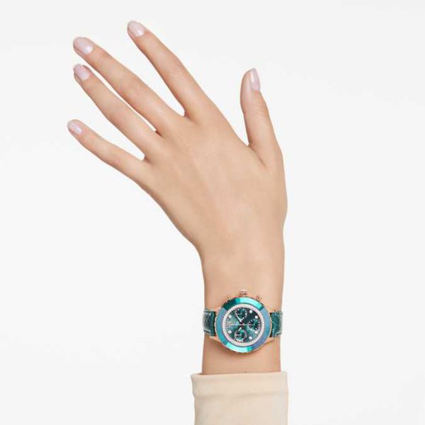 Octea chrono watch Swiss Made, Leather strap, Green, Rose gold-tone finish - Image 9