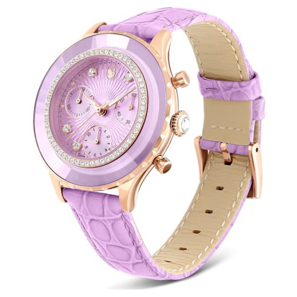 Octea chrono watch Swiss Made, Leather strap, Purple, Rose gold-tone finish - Image 2