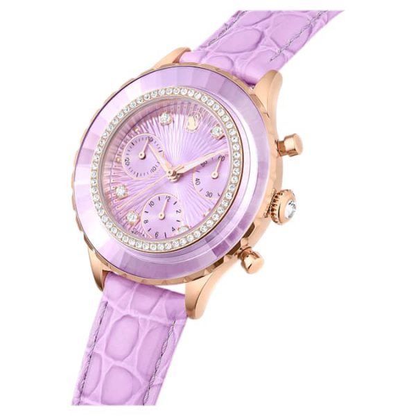 Octea chrono watch Swiss Made, Leather strap, Purple, Rose gold-tone finish - Image 4