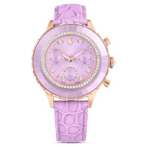 Octea chrono watch Swiss Made, Leather strap, Purple, Rose gold-tone finish